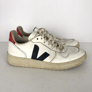 VEJA V-10 Tennis Shoes Women's Sz 7 38 White Black Redd Leather Lace-Up Sneakers